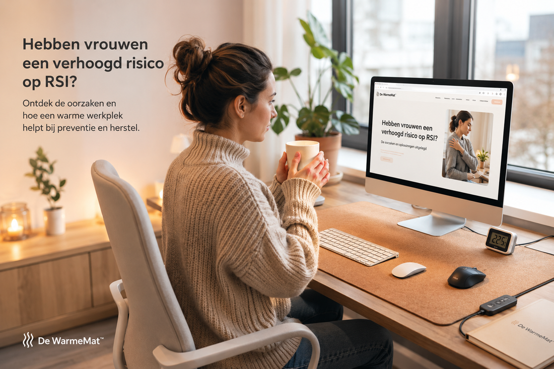 Vrouw werkt comfortabel aan bureau met warme bureauonderlegger van De WarmeMat ter ondersteuning bij koude handen en RSI-klachten