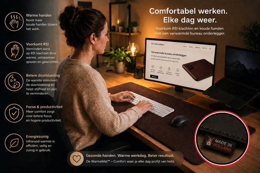 Iemand die werkt aan een bureau met een verwarmde onderlegger om RSI klachten en koude handen te voorkomen.