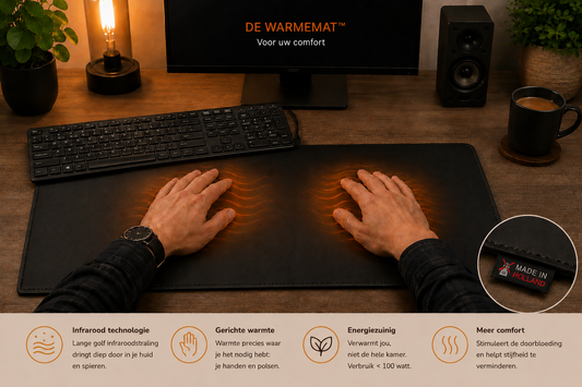 Verwarmde bureau onderlegger van De WarmeMat™ met infrarood warmte voor warme handen en meer comfort tijdens het werken op kantoor of thuiswerkplek.