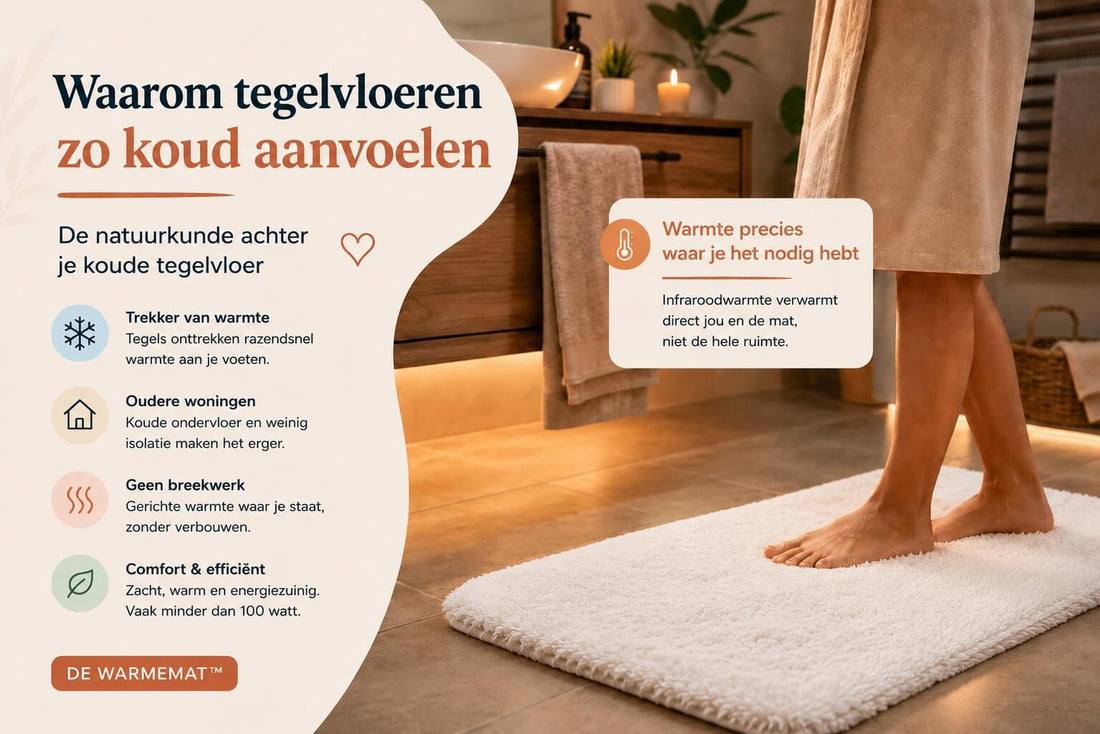 Warme badmat op koude tegelvloer in badkamer van oudere woning