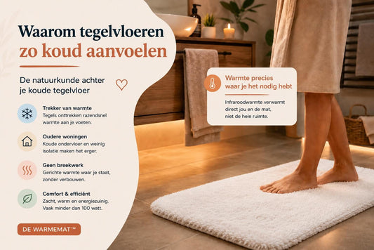 Warme badmat op koude tegelvloer in badkamer van oudere woning